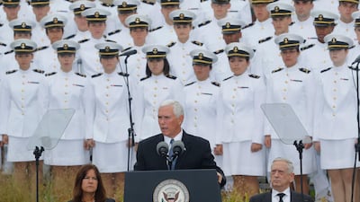 Vice President Mike Pence speaks during the September 11th Pentagon Memorial Observance at the Pentagon. Also on stage are Mattis and Pence's wife, Karen. AP Photo