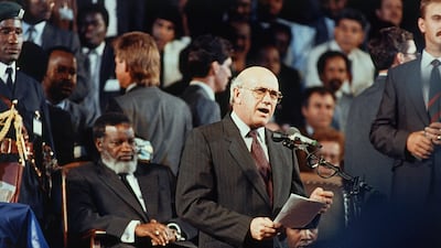 FW de Klerk marks the end of South Africa's rule of Namibia during independence celebrations in Windhoek, Namibia, March 21, 1990. AP Photo