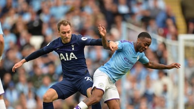 Manchester City's Raheem Sterling (R) in action against Tottenham Hotspurs Christian Eriksen (L) during the English Premier League soccer match between Manchester City and Tottenham Hotspurs at the Etihad Stadium in Manchester, Britain. EPA