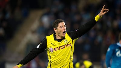 Polish striker Robert Lewandowski scored 74 goals in 131 Bundesliga matches for Borussia Dortmund. Saturday's German Cup final will be his last appearance with the club. Bernd Thissen / EPA