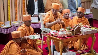 The shilanyas vidhi of the first traditional Hindu temple in the UAE is performed in the holy presence of His Holiness Mahant Swami Maharaj, the spiritual leader of BAPS Swaminarayan Sanstha.
