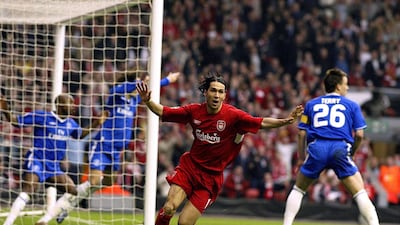 Luis Garcia begins his celebrations after scoring the crucial goal for Liverpool against Chelsea in the 2005 Champions League semi-finals. The goal proved contentious, with Chelsea manager Jose Mourinho labelling it a 'ghost goal'. PA