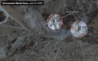 A close-up view of damaged tunnel entrances at Kermanshah, western Iran. Photo: Planet Labs PBC