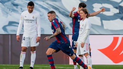 Roger Marti celebrates after scoring Levante's second goal against Real Madrid. AP