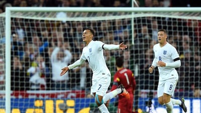 Dele Alli of England celebrates scoring his team’s first goal. Shaun Botterill / Getty Images