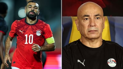 Egypt forward Mohamed Salah, left, will not play in the next game against South Sudan, something coach Hossam Hassan, right, said was already agreed. Getty Images / Reuters