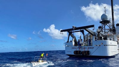 The two-seater submersible, DSV Limiting Factor, entering the Pacific ocean on Friday morning. Courtesy: Richard Garriott