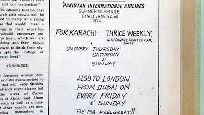 1974 ad from Air India. Airlines such as Gulf Air, Air India, Iraqi Airways, British Airways, National Airlines and Swiss Air would promote themselves in the same issue of a newspaper, often just a page apart.