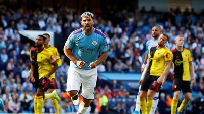 Manchester City's Sergio Aguero celebrates scoring their second goal from the penalty spot. Reuters