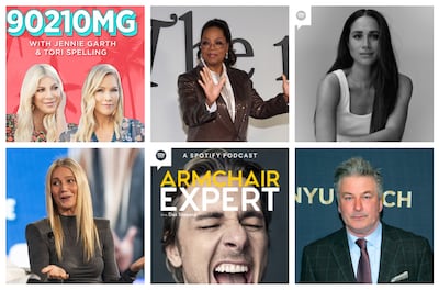Celebrities on the podcast bandwagon include, clockwise from top left, Jennie Garth and Tori Spelling; Oprah Winfrey' Megan. Duchess of Sussex; Alec Baldwin; Dax Shepard; and Gwyneth Paltrow. Photos: Spotify, EPA, AP, Bloomberg