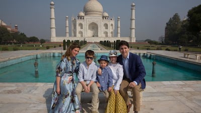Canadian prime minister Justin Trudeau, his wife, Sophie and their children pose for the photographs in front of Taj Mahal, in Agra. Manish Swarup / AP Photo