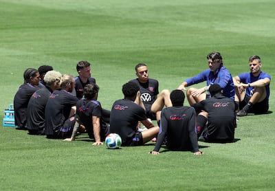 Head coach Mauricio Pochettino of the US talks with players during an open practice ahead of the 2026 World Cup at the Irvine Sports Complex on June 08, 2026 in Irvine, California. Getty Images / AFP