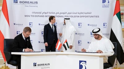 Sheikh Mohamed bin Zayed, Crown Prince of Abu Dhabi and Deputy Supreme Commander of the UAE Armed Forces, and the Austrian Chancellor, Sebastian Kurz, witness the signing of agreements to strengthen the partnership between Adnoc and Borealis.