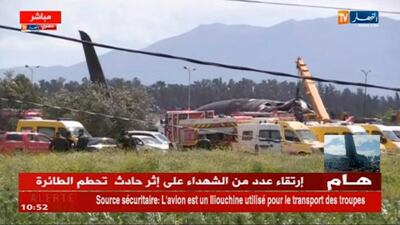 In this still taken from TV showing emergency services at the scene after a military plane crashed soon after takeoff at Boufarik military base, Algeria, Wednesday April 11, 2018. (ENNAHAR TV via AP) LOGO CANNOT BE OBSCURED : EDS NOTE NO TRANSLATION AVAILABLE FOR ON SCREEN TEXT