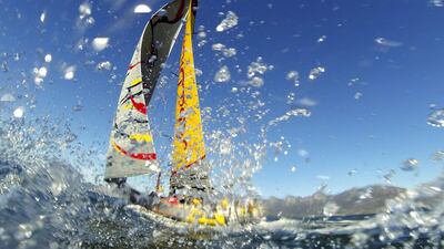 Abu Dhabi Ocean Racing's Azzam sails into Cape Town, South Africa on Wednesday to win the first leg of the 2014/15 Volvo Ocean Race. Nic Bothma / EPA