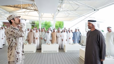The President praised Sheikh Mohammed for his graduation from the prestigious Royal Military Academy Sandhurst in the UK this month. Photo: Abdulla Al Bedwawi / UAE Presidential Court