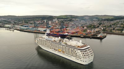 The largest private residential ship on the planet, known as The World, arriving at Greenock Ocean Terminal in Inverclyde. PA