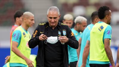 Brazil coach Tite during training at the National Stadium in Tokyo. AP