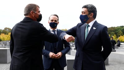 UAE Foreign Minister Sheikh Abdullah bin Zayed and his Israeli counterpart Gabi Ashkenazi greet as they visit the Holocaust memorial together with German Foreign Minister Heiko Maas prior to their historic meeting in Berlin last October. Reuters