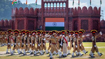 Assam police officers in ceremonial attire march on Independence Day in Gauhati, Assam. AP Photo