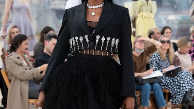 Supermodel Naomi Campbell closed the Alexander McQueen spring/summer 2022 show in a skeletal corset dress and single-breasted jacket with crystal embroidery. All Photos: Alexander McQueen