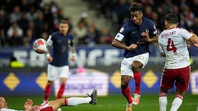 France's Kingsley Coman scores his side's ninth goal. AP