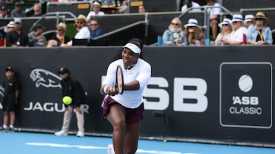 Serena Williams plays a backhand during her first round match against Camila Giorgi on Day Two of the 2020 Auckland Classic. Getty Images