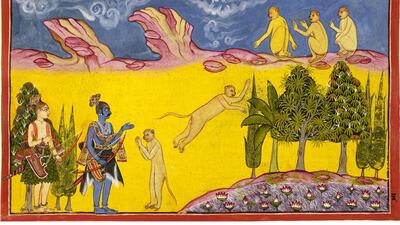 Sugrīva is at first frightened, thinking that these armed warriors have been sent by his usurping brother Bāli to destroy him. He sends his sagacious minister Hanumān to find out more about the two strangers. Hanumān introduces himself, finds out that the two brothers are looking for his master to help recover Rāma’s abducted wife, decides that their alliance would be of mutual benefit, and then bounds back to the crag where the others await him.