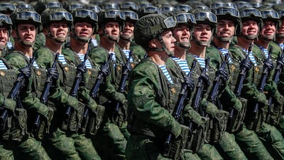 Russian servicemen in formation. EPA