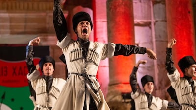 Circassian dancers from Al-Jeel Al-Jadeed Club (the New Generation Club) perform during the 2019 Jerash Festival of Culture and Arts at the Jerash archeological site, Jerash, some 46 km North of Amman, Jordan. EPA