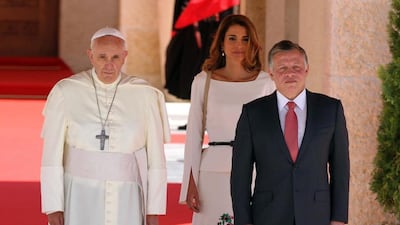Jordan's King Abdullah II and Queen Rania receive Pope Francis at the Husseinia Royal Palace in Amman on May 24. Jamal Nasrallah / EPA