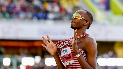 Mutaz Barshim celebrates a completed jump during the men's high jump final at the World Athletics Championships. EPA
