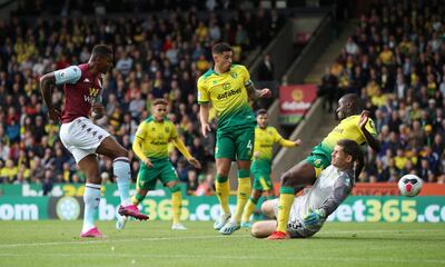 Wesley scores Aston Villa's first goal against Norwich City at Carrow Road yesterday. Reuters