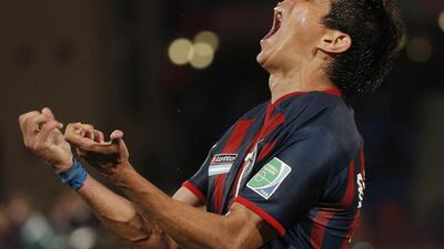 San Lorenzo's Pablo Barrientos celebrates after scoring during the semi-final match between Auckland City FC and San Lorenzo at the Club World Cup soccer tournament in Marrakech, Morocco, Wednesday, Dec. 17, 2014. Christophe Ena / AP Sports