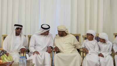 Sheikh Mohammed bin Zayed, Crown Prince of Abu Dhabi and Deputy Supreme Commander of the Armed Forces, second left, offers condolences to the family of martyr Zayed Al Kaabi who died while serving with the Armed Forces in ‘Operation Restoring Hope’. Rashed Al Mansoori / Crown Prince Court - Abu Dhabi