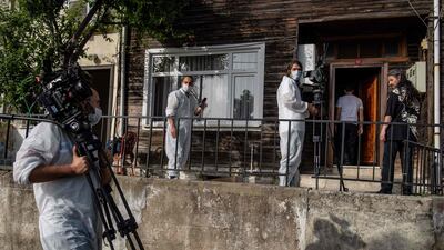 Members of the Tutunamayanlar's team (The Outcasts) and Turkish actor Dogu Demirkol prepare to record an episode, in Beykoz, in the outskirts of Istanbul. Turkey is known for its obsession with TV dramas -- which are also a massive export success -- and not even the coronavirus restrictions stopped the team on Tutunamayanlar (The Outcasts) from keeping the show going. AFP