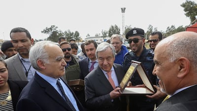 Antonio Guterres and Ghassan Salame, UN special envoy for Libya and head of the UN Support Mission in Libya, visit Ain Zara detention centre for migrants.