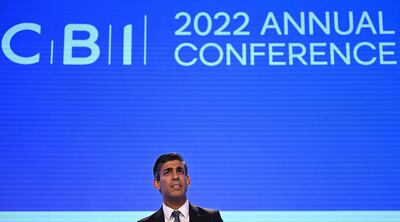 UK Prime Minister Rishi Sunak addresses the Confederation of Business Industry. The organisation has said companies' fuel bills will double when subsidies end. AFP