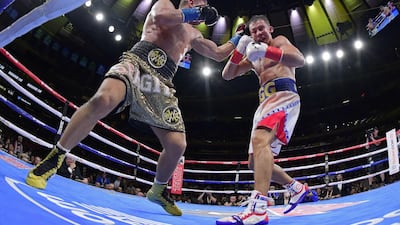 Gennady Golovkin, right, and Sergiy Derevyanchenko box during the IBF World Middleweight Championship fight at Madison Square Garden. Golovkin won via unanimous decision on Saturday, October 5. Getty