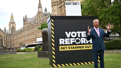 Reform UK leader Nigel Farage holds a campaign event in College Green by the Houses of Parliament in London. Getty Images