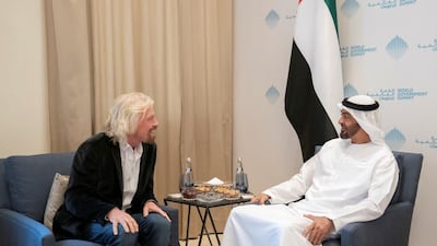 Sheikh Mohamed bin Zayed, Crown Prince of Abu Dhabi and Deputy Supreme Commander of the UAE Armed Forces, met with Sir Richard Branson, chairman of Virgin Galactic, at the World Government Summit in Dubai. Courtesy: WAM