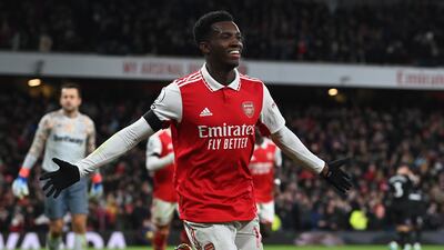 Eddie Nketiah scored Arsenal's third goal in the 3-1 Premier League win over West Ham at the Emirates Stadium on December 26, 2022. EPA