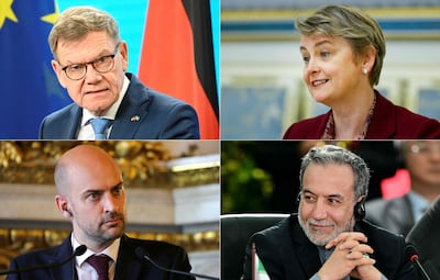 Clockwise from top left, key figures in negotiations between the Europeans and Iran: German Foreign Minister Johann Wadephul, British Foreign Secretary Yvette Cooper, French Foreign Minister Jean-Noel Barrot and Iranian Foreign Minister Abbas Araghchi. AFP