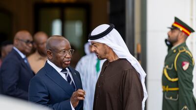 Sheikh Mohamed bids farewell to Mr Bio, after their meeting at Al Shati Palace. Ryan Carter / UAE Presidential Court