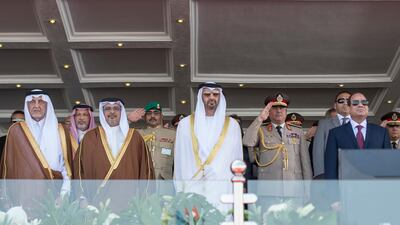 (R-L) HE Abdel Fattah El Sisi, Sheikh Mohamed bin Zayed Al Nahyan, Prince Salman Bin Hamad Bin Isa Al Khalifah and Prince Khalid bin Faisal bin Abdulaziz Al Saud stand for the national anthem during the inauguration of the Mohamed Naguib Military Base. Rashed Al Mansoori.