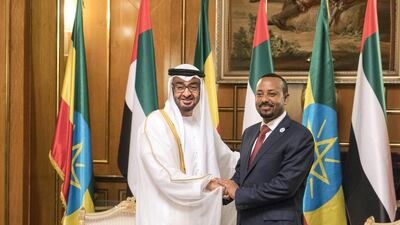 Sheikh Mohamed bin Zayed stands for a photograph with Abiy Ahmed during the Jubilee Palace meeting. Rashed Al Mansoori / Crown Prince Court - Abu Dhabi