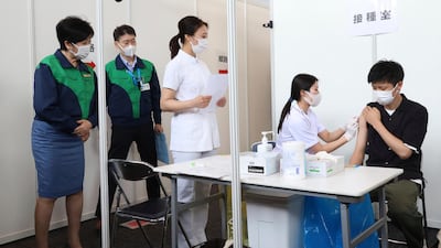 Tokyo Govenor Yuriko Koike, left, inspects a vaccination centre at the Tokyo Metropolitan Government office. AP Photo