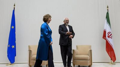 The EU’s foreign policy chief Catherine Ashton (left), with Iranian foreign minister Mohammad Javad Zarif before the start of the Geneva talks. Fabrice Coffrini / EPA