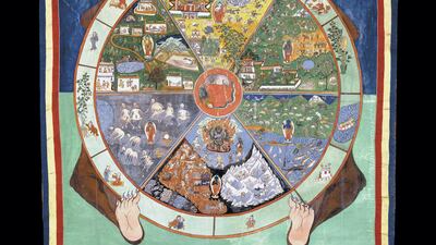 Painted cloth thangka Tibet, 1800–1900. This painted teaching or meditation aid, thangka, shows the wheel of life. The lives of humans and the gods are all held by Yama, Lord of Death, whose limbs represent the sufferings of birth, sickness, old age and death. © the Trustees of the British Museum