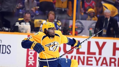 Nashville Predators defenceman P.K. Subban celebrates after scoring a power-play goal against the Chicago Blackhawks. Christopher Hanewinckel / USA Today